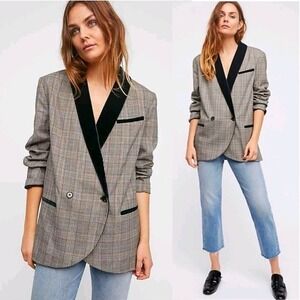 Free People Plaid Velvet Trimmed Blazer in Latte Combo Size Small Academia Fall